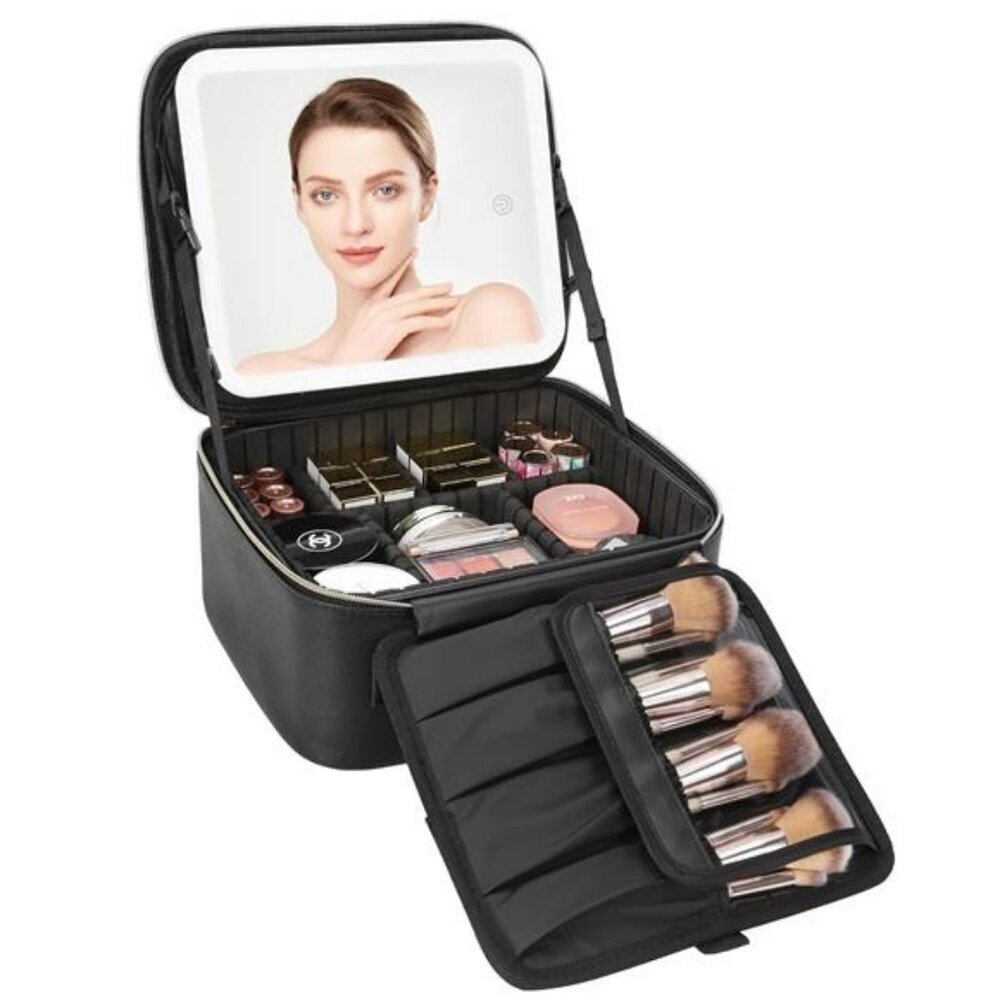 Travel makeup bag with LED mirror cosmetic case organizer with dividers black